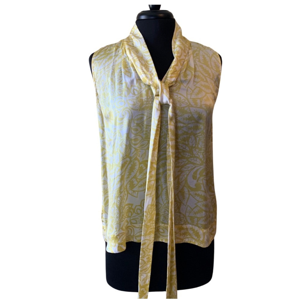 CAbi Yellow Silk Blouse Sleeveless Small Tie Neck Floral